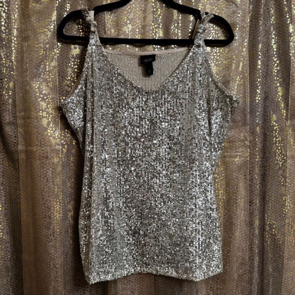 Daytrip Silver Sequin Tie Shoulder Sparkly V Neck Blouse XL